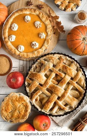 Thanksgiving Pumpkin And Apple Various Pies, Top View, Copy Space. Fall Traditional Homemade Apple A