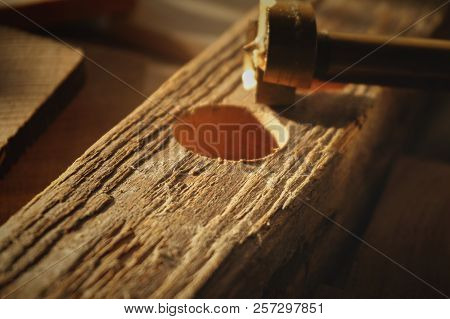 Close Up Forstner Bit For Drilling Circular Holes Sitting On Top Of Wooden Block