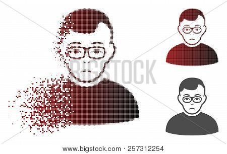 Downer Boy Icon With Face In Fractured, Dotted Halftone And Undamaged Entire Variants. Pixels Are Co