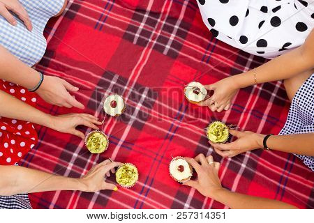 Female Hands Holding Cakes On Shepherd's Plaid