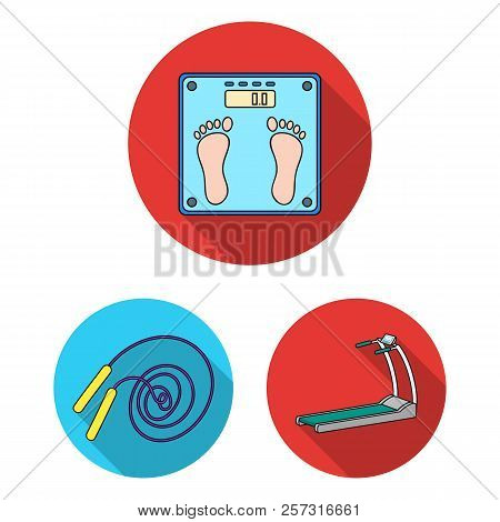 Fitness And Attributes Flat Icons In Set Collection For Design. Fitness Equipment Vector Symbol Stoc