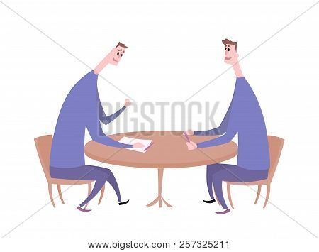 Two Guys Having A Conversation At The Table. Business Meeting, Job Interview, Negotiation. Flat Vect