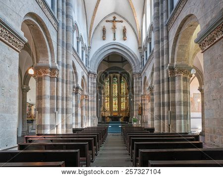 Germany, Cologne - July 27, 2018: View Throught The Main Aisle Of The Basilica Saint Andreas On July
