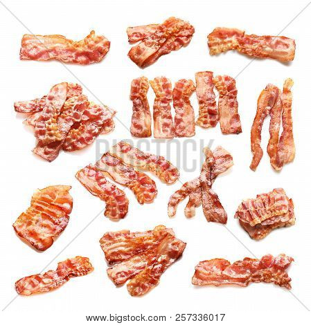 Set With Fried Bacon Rashers On White Background