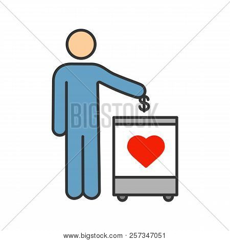 Donation Box Color Icon. Moneybox. Fundraising. Donate Money To Charity. Person Dropping Dollar Coin