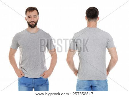 Front And Back Views Of Young Man In Grey T-shirt On White Background. Mockup For Design