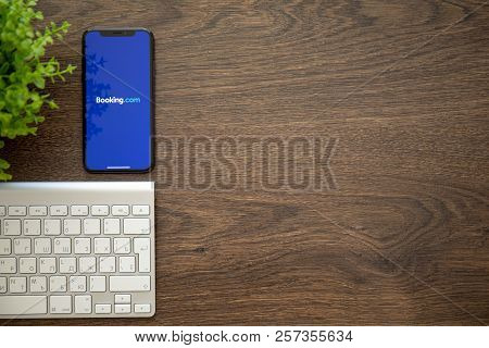 Alushta, Russia - August 25, 2018: Iphone X With Application Booking.com Online Hotel Reservations O