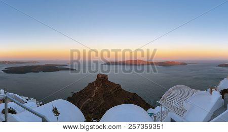 Morning Sunrise Above Volcanic Crater At Santorini Island, Greece