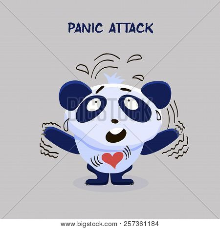 Panic Attack. Mental Health Problem. Little Scared Pandas With Heart Beating On A Gray Background. C