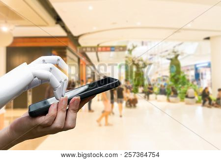 Robotic Artificial Intelligence Transition Human Hand To Robot Hand Press The Smartphone Button Or S
