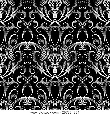 Black And White Vintage Damask Vector Seamless Pattern. Monochro
