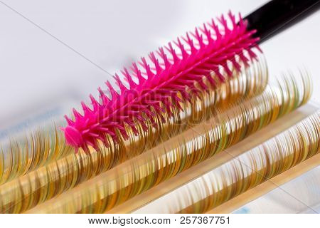 Eyelash Brown Extension Procedure. Set Lashes Close Up Pink Comb