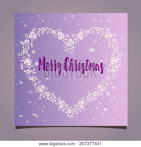 Greeting Christmas Card With A Flat Design On A Pink Gradient Background With A Floral Heart Frame. 