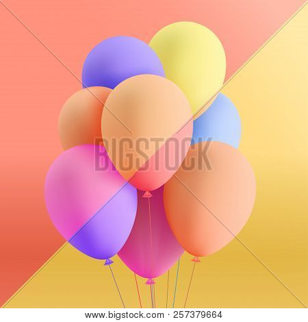 Set Of Realistic Mat Helium Balloons Floating On Colorful Background. Vector 3d Balloons For Birthda