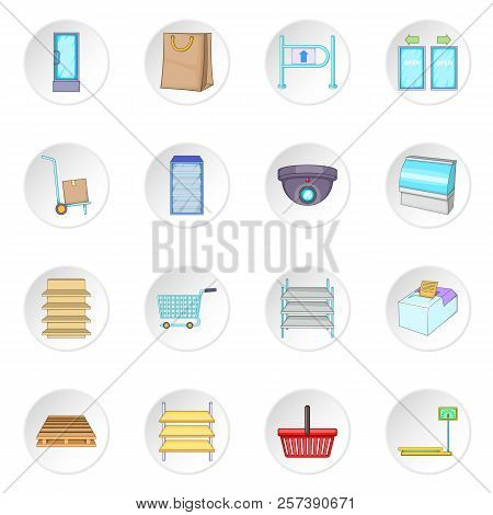Supermarket Icons Set. Cartoon Illustration Of 16 Supermarket Icons For Web
