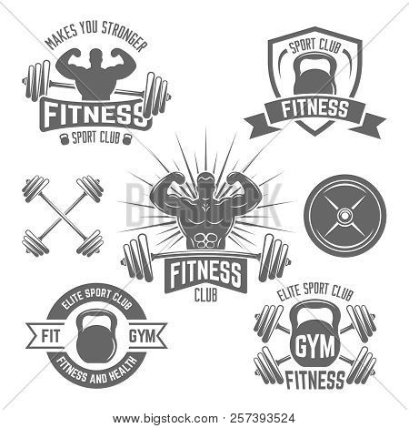 Set Of Monochrome Fitness Sport Club Vector Lebels, Emblems, Badges On White Background