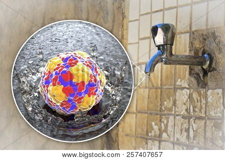 Safety Of Drinking Water Concept, 3d Illustration Showing Hepatitis A Viruses Contaminating Drinking