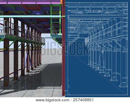 3D Rendering. Bim Model Of A Building Made Of Metal Structure. 3D Architectural, Construction, Indus