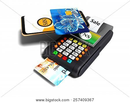 Nfs Payment Via Phone With Credit Card On Payment Card Pos Terminal With Credit Card Top View 3d Ren