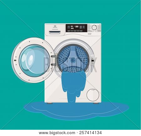 Broken Washing Machine From Which Water Flows. Calling The Master. Vector Illustration In Flat Style