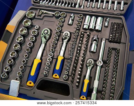 Tool Kit Socket Wrenches In Plastic Box Closeup