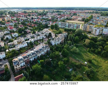 KOSZALIN, POLAND - 10 AUGUST 2018 - Aerial view on city Koszalin, area of Jantarowa street with houses and park