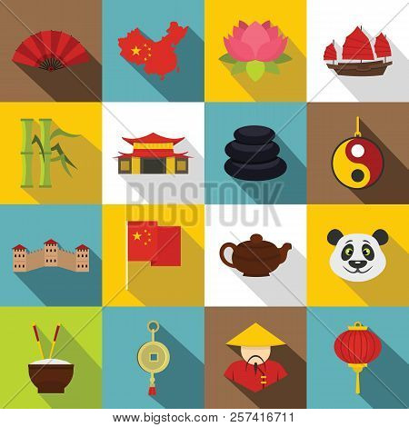 China Travel Symbols Icons Set. Flat Illustration Of 16 China Travel Symbols Icons For Web