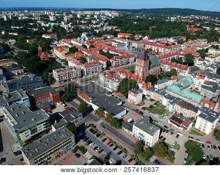KOSZALIN, POLAND - 03 AUGUST 2018 - Aerial view on city Koszalin, area of gothic Cathedral and city center