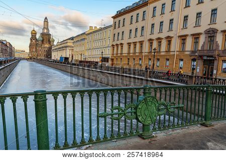 Saint Petersburg, Russia - January 15, 2018: View Of Griboyedov Canal With Church Of The Savior On B