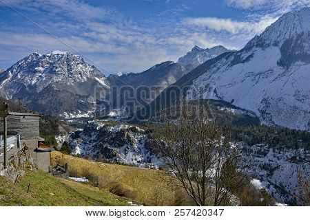 The Winter Landscape Around The Small Hill Village Of Casso In Friuli Venezia Giulia, North East Ita