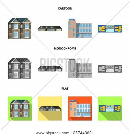 Vector Design Of Building And Front Sign. Set Of Building And Roof Stock Vector Illustration.