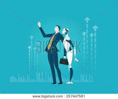 Businessmen And Robot Making Selfie On The Phone With Trophy. Seccsess And Share Information