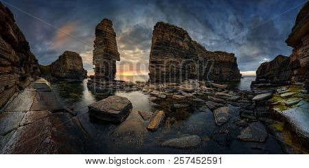 Panorama Of Noss Head Rock Formations In Sunset Light, East Coast Of Scotland