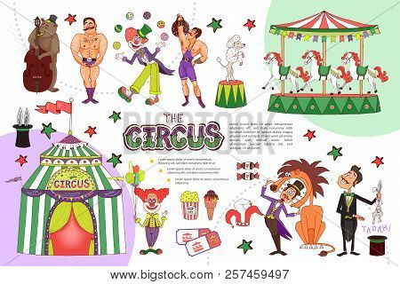 Flat Circus Composition With Juggling Clown Strongmen Carousel Animal Tricks Magician Tent Tickets I