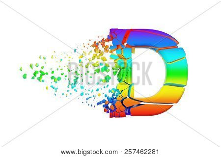 Broken Shattered Iridescent Alphabet Letter D Uppercase. Crushed Rainbow Font. 3d Render Isolated On