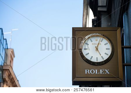 Belgrade, Serbia - September 9, 2018: Rolex Logo On A Clock On Their Retailer In Belgrade. Rolex Is 