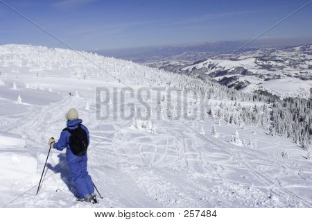 Skiër genieten van het uitzicht