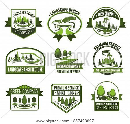 Gardens Association Icons For Landscape Design And Horticulture Gardening. Vector Symbols Of Forest 