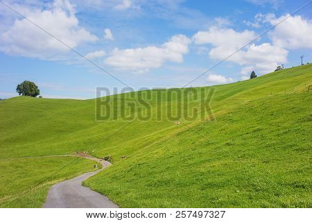 View In The Town Of Einsiedeln In Switzerland In Autumn. Einsiedeln Is A Municipality In The Swiss C