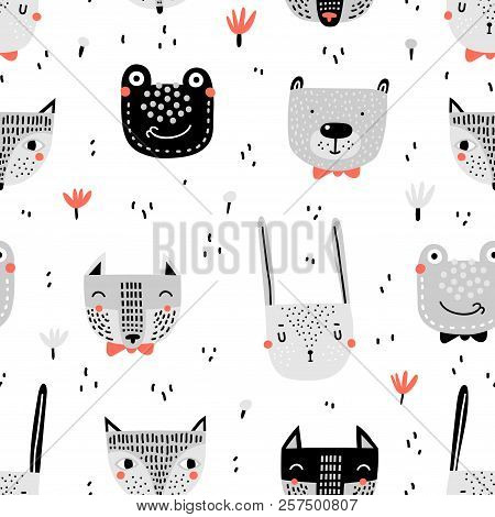 Childish Seamless Pattern With Hand Drawn Animals. Trendy Scandinavian Vector Background. Vector Tex