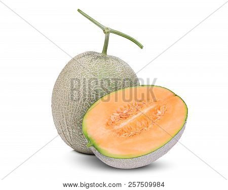 Whole And Half Japanese Melons, Orange Melon Or Cantaloupe Melon Isolated On White Background