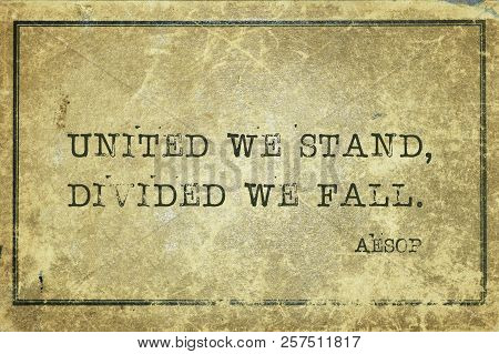 United We Stand, Divided We Fall - Famous Ancient Greek Story Teller Aesop Quote Printed On Grunge V