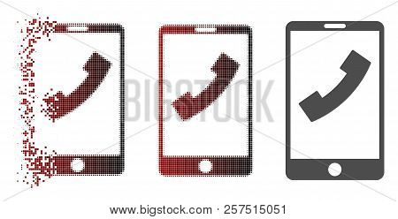 Cell Phone Icon In Sparkle, Pixelated Halftone And Undamaged Entire Variants. Pixels Are Combined In