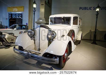 Brussels, Belgium - August 25, 2015 - Autoworld Museum, Old Cars Collection Showing The History Of A