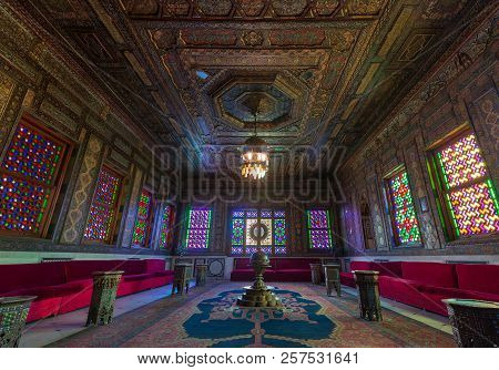 Cairo, Egypt - August 26 2018: Manial Palace Of Prince Mohammed Ali. Syrian Hall With Ornate Wooden 