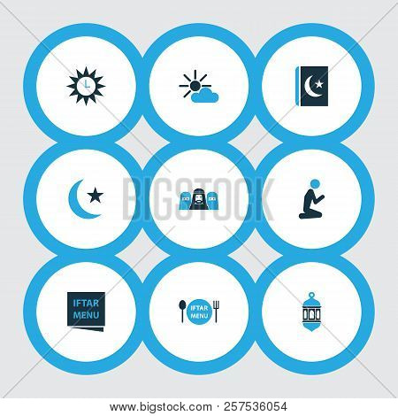 Holiday Icons Colored Set With Menu, Asr, Islam Book And Other Clock Elements. Isolated  Illustratio