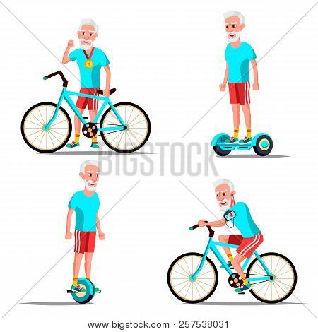 Old Man Riding Hoverboard, Bicycle Vector. City Outdoor Sport Activity. Gyro Scooter, Bike. Eco Frie