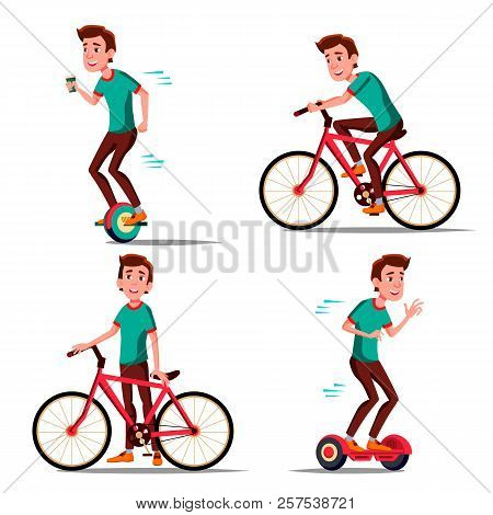 Teen Boy Riding Hoverboard, Bicycle Vector. City Outdoor Sport Activity. Gyro Scooter, Bike. Eco Fri