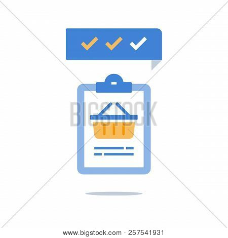 Grocery Basket And Check List, Food Order Delivery, Loyalty Program Clipboard, Vector Icon