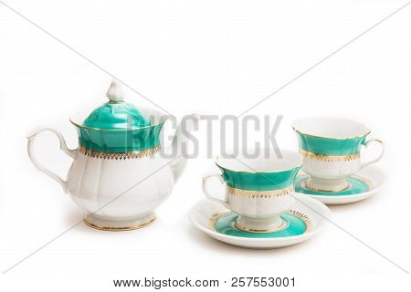 Set Of Dishes On White Background. Cups And Kettle. Indian Set.